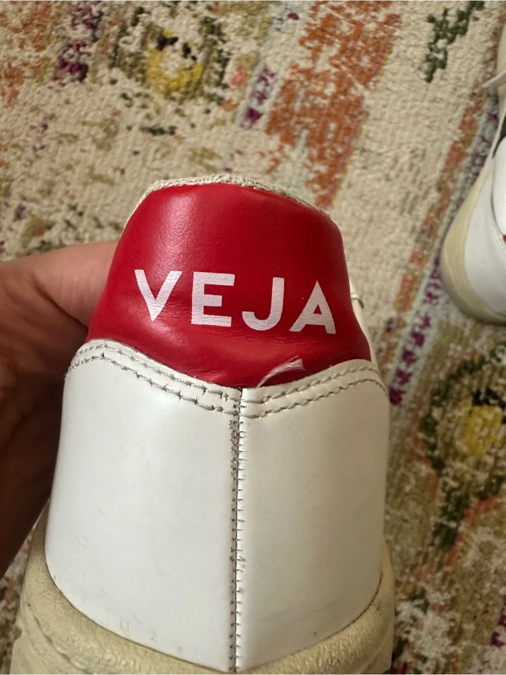 Veja Men's White Leather Sneakers with Navy V and Red Heel